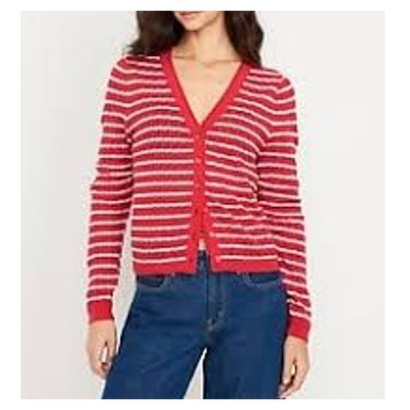 Old Navy So Soft Lite Striped V Neck Long Sleeve Cardigan Sweater Red White XXL - Picture 1 of 5